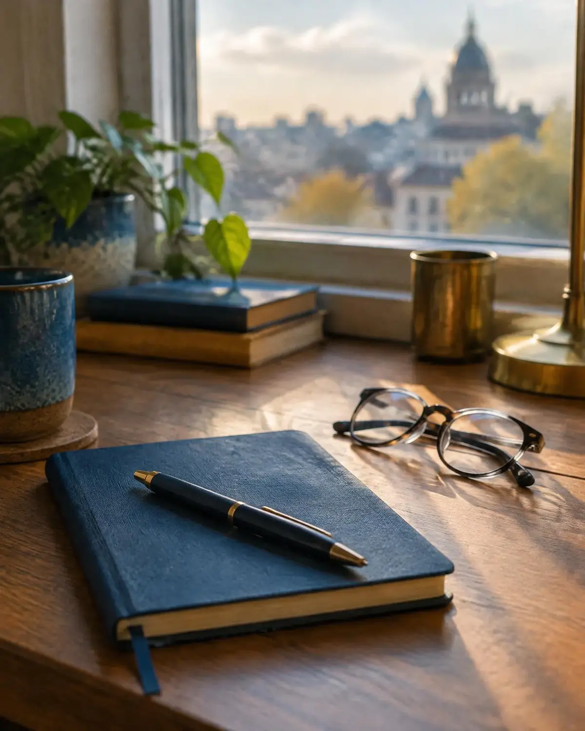 Notes, pióro i okulary na biurku przy oknie