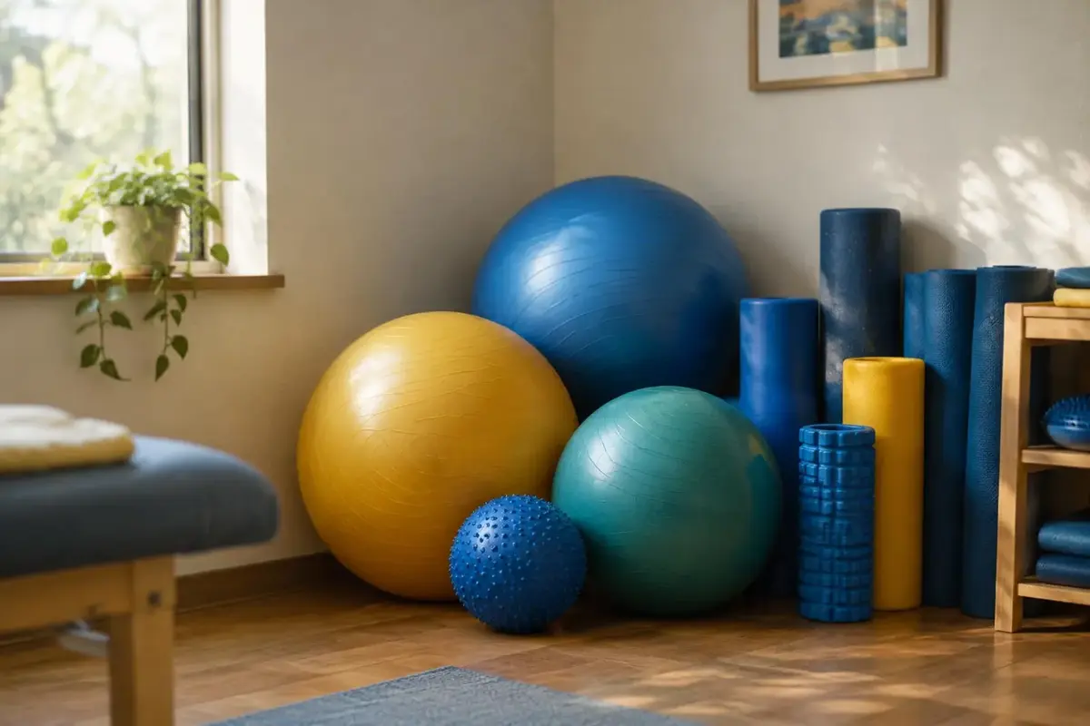 Kolorowa mata i piłka w sali rehabilitacji
